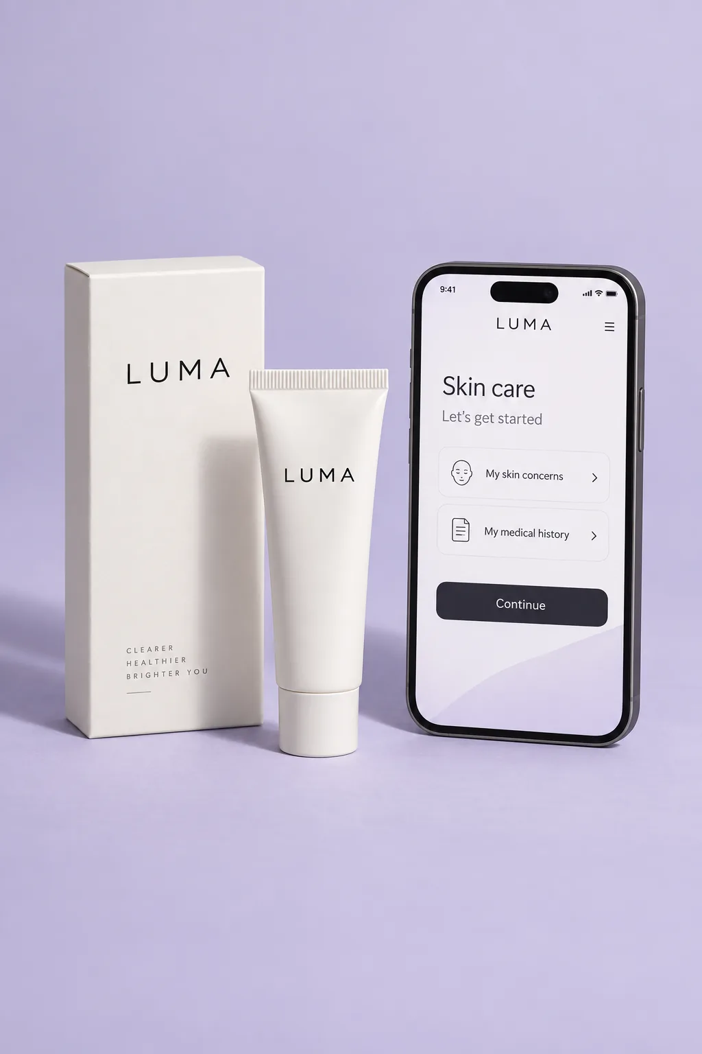 Illustrative care brand: skin-care packaging beside a phone showing its intake flow