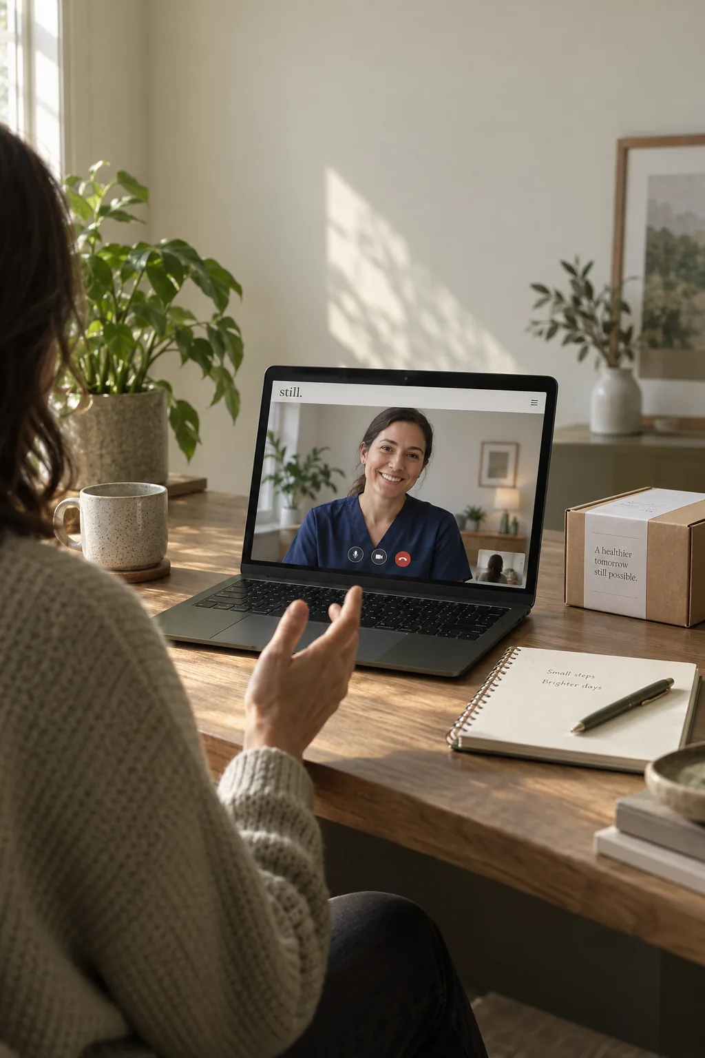 Illustrative care brand: a remote consultation in progress on a laptop